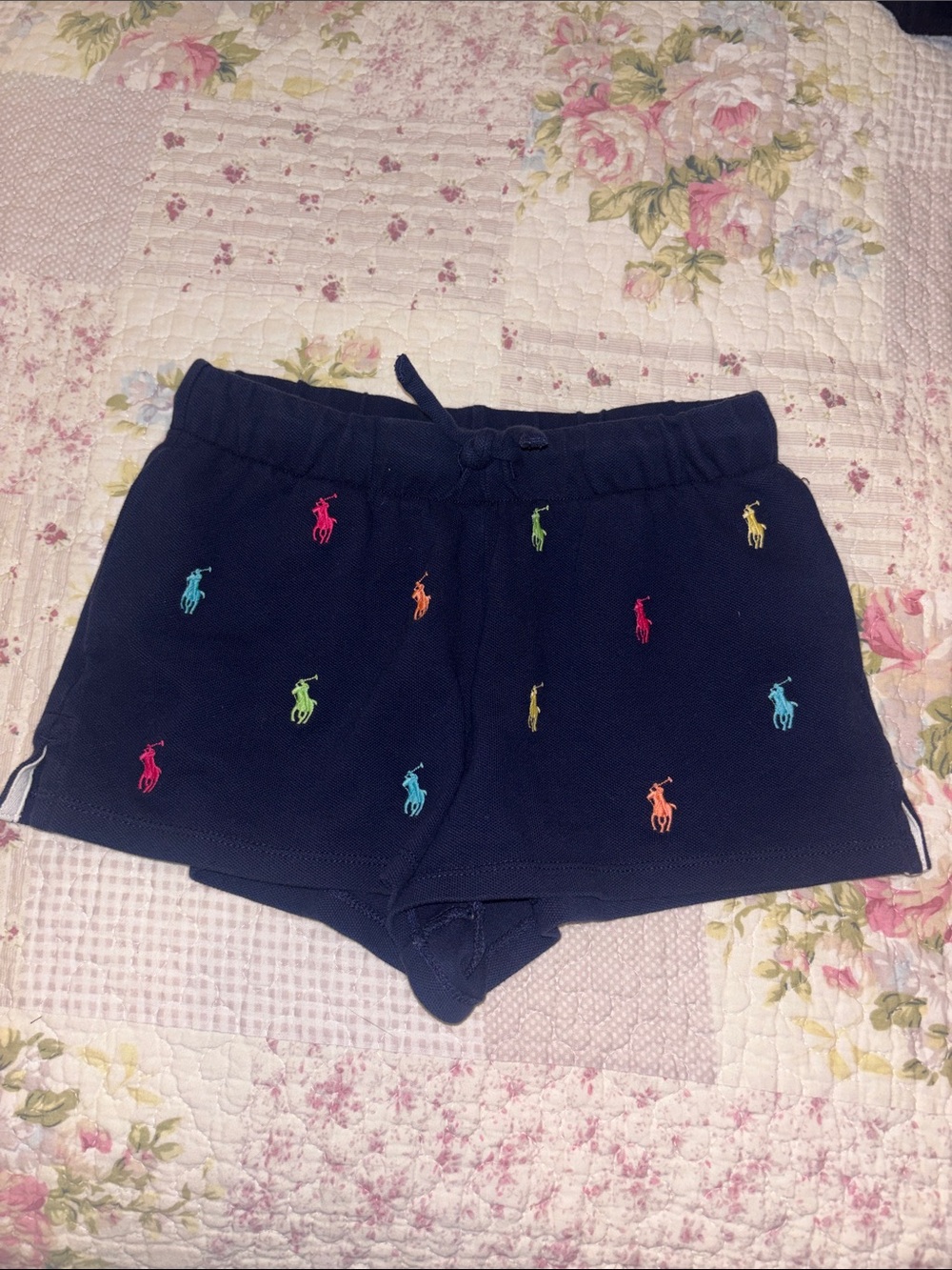 Girls Ralph Lauren Navy Shorts with Multicolor Pony Embroidery
